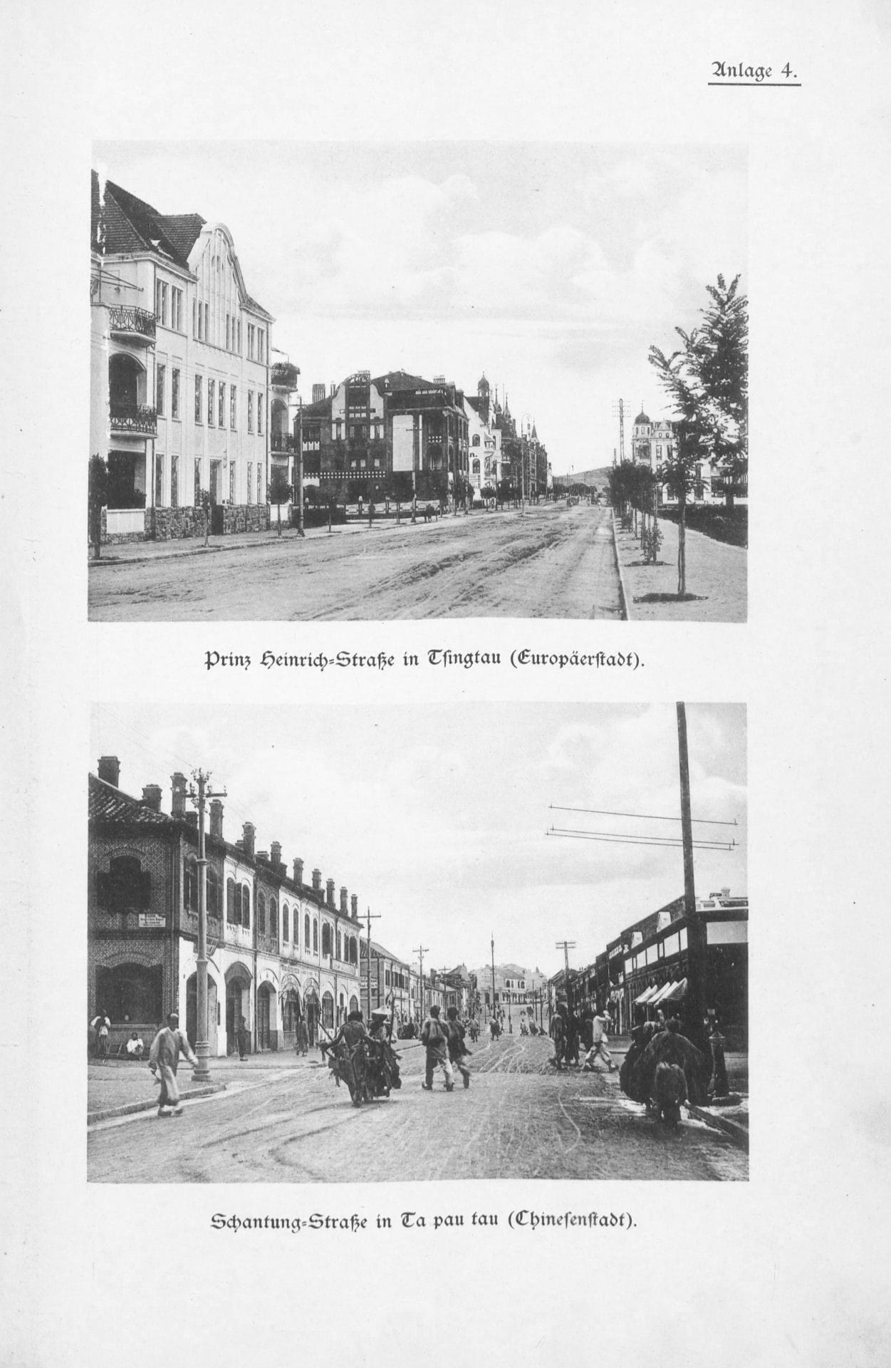 Vergleich zwischen Europäerstadt (oben) und Chinesenstadt (unten), © Denkschrift betreffend die Entwickelung des Kiautschou-Gebiets, 1905-1906 (Berlin: Reichsdruckerei, 1899–1910), Anlage 4.