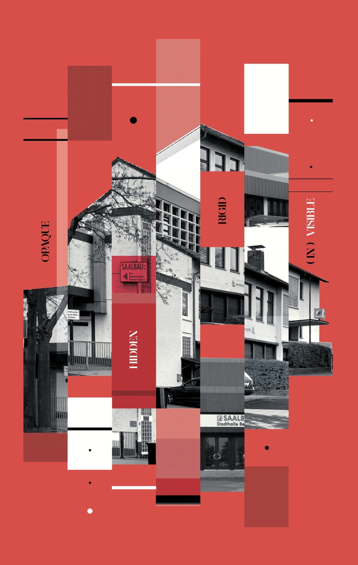 Diese Collage vereint architektonische Details verschiedener Saalbau-Hallen in Frankfurt. Überlagert mit Worten wie „undurchsichtig“, „streng“ und „(un)sichtbar“ spiegelt sie wider, wie diese öffentlichen Gebäude zwar Feierlichkeiten von Migrant*innen beherbergen, diese jedoch oft vor der sie umgebenden Stadt verbergen.