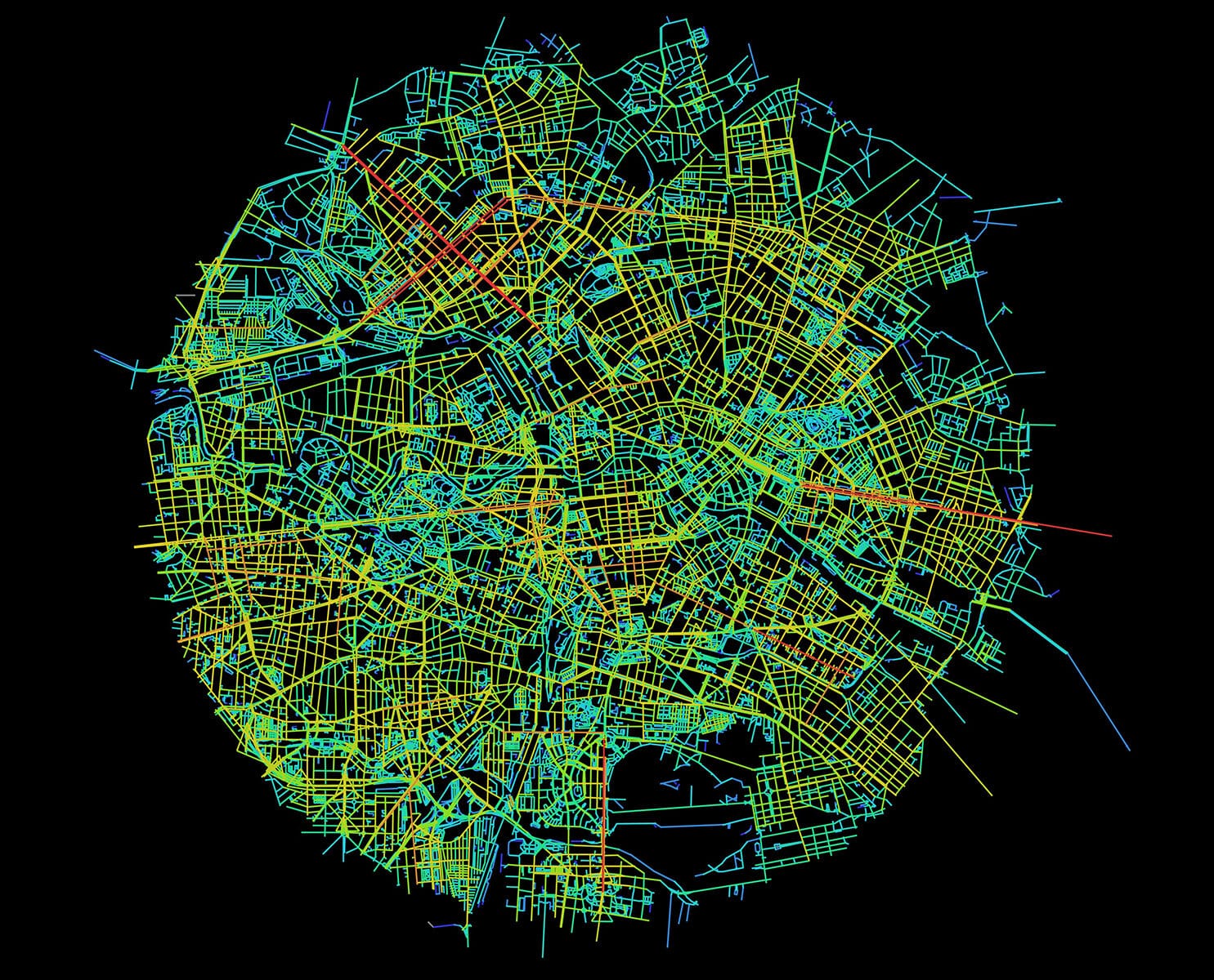 Prof. Dr.-Ing. Martin Knöll 1 Space Syntax Karte von Berlin: Straßen in warmen Farbtönen sind gut erreichbar. In einer Studie zeigt sich eine Korrelation zwischen der Erreichbarkeit der Straßen in der Nachbarschaft und der Stressresilienz der Bewohner.